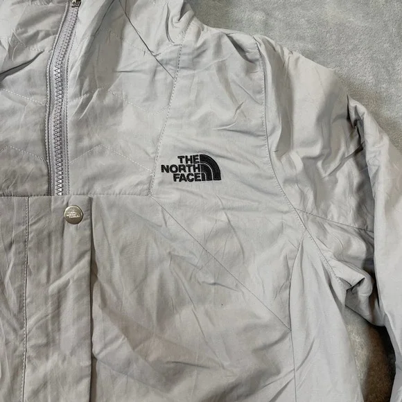 The North Face Womens Jacket S Grey Hooded Windbreaker Newspaper Print Lining - Picture 3 of 10
